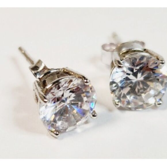 CZ Round Sterling Silver Stud Earrings. - Picture 5 of 5